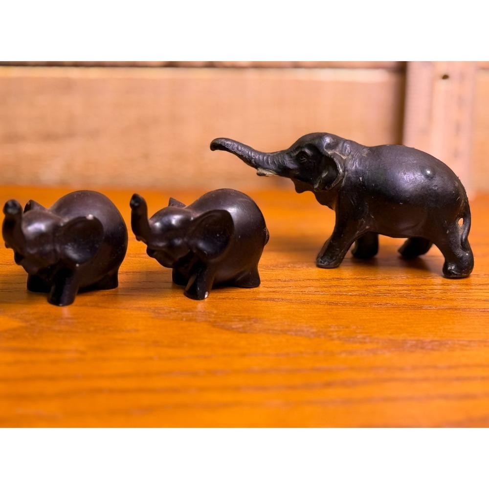 Set of 3 Miniature Hand Carved Dark Wood Elephant Figurines Trunks Up